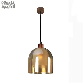 

Indoor Wood Pendant Light Modern amber glass shade led Pendant Lamp Living Room Decor Lighting With LED Bulb E14 AC110-240V 220V