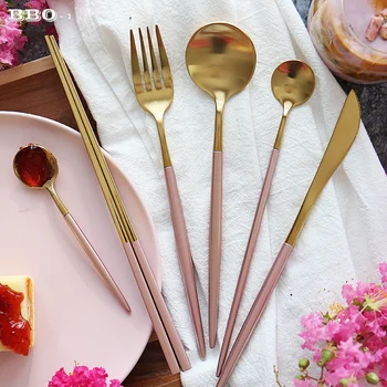 

Luxury Pink Golden Dinnerware Set Gold Stainless Steel Cutlery Set Wedding Silver Tableware Diner Knife Fork Tablespoon Teaspoon
