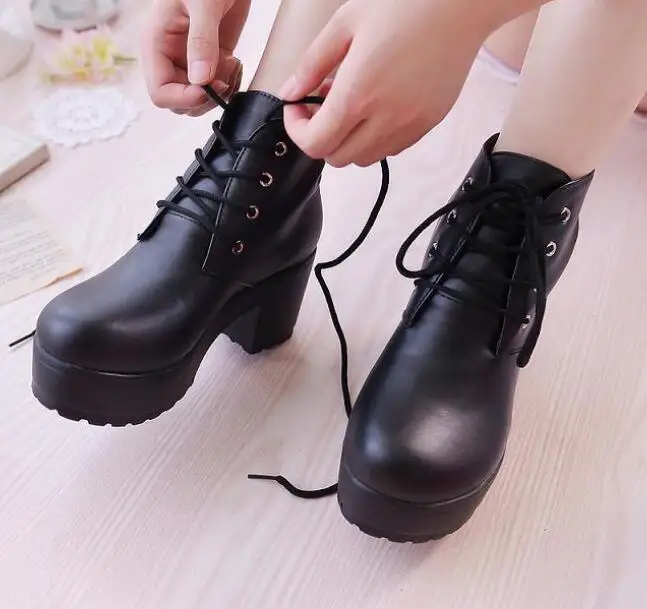 New high quality pu leather boots women lace up autumn winter ankle boots for women platform high heels boots Female high heels