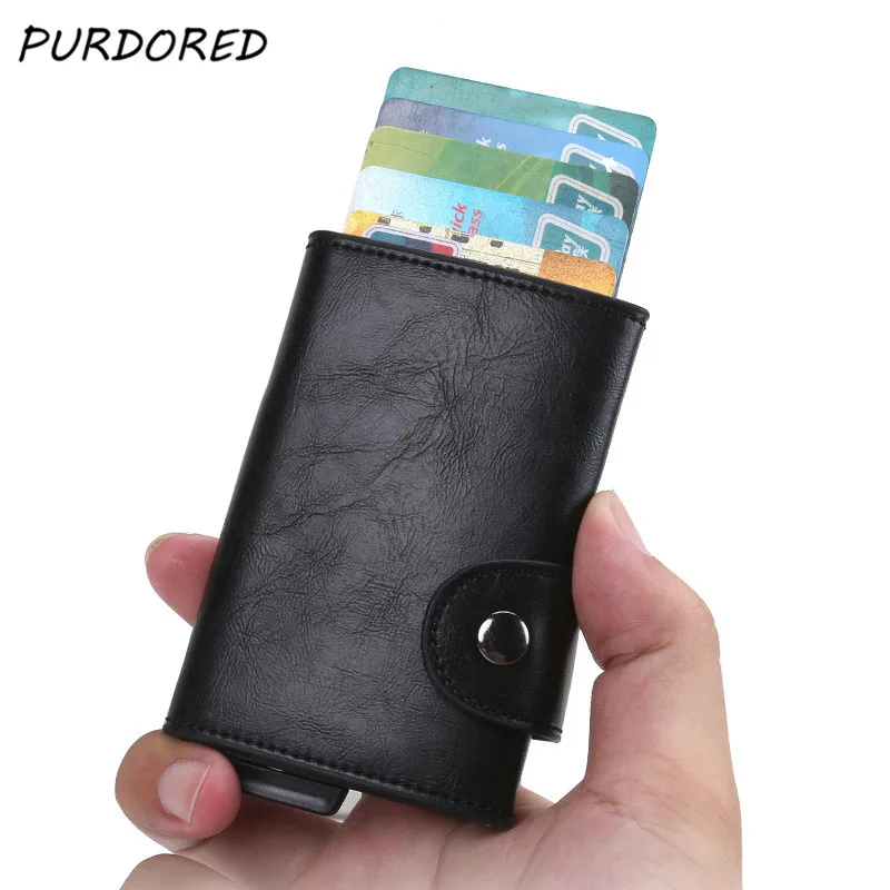 

PURDORED 1 pc RFID Blocking Men Card Holder PU Leather Business Card Case Aluminum Alloy Hasp ID Credit Card Case Bag