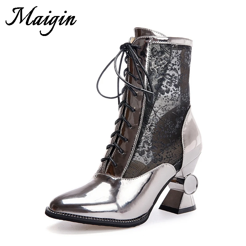 Maigin Gold&Silver Women Ankle Boots Pointed Toe Lace Ladies Sandals Lace Up High Heels Footwear 2018 New Summer Female Shoes