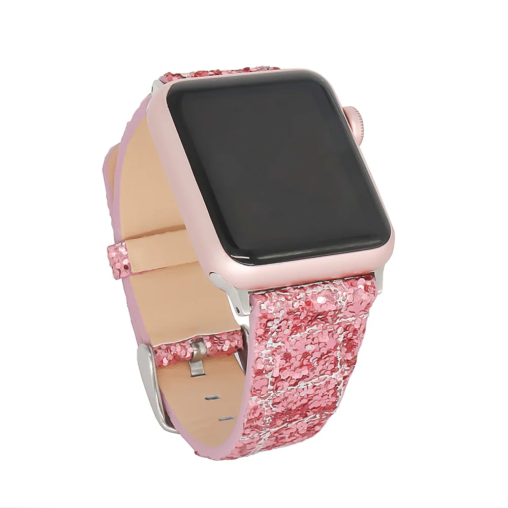 

For Iwatch Bands 38mm 42mm Leather Strap Wrist Band Replacement W Silver Metal Clasp for Apple Watch Powder silver grid