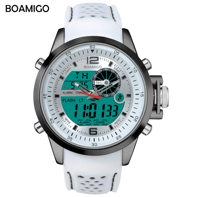 

BOAMIGO brand men sports watches dual time digital watch rubber analog quartz watch white chronograph wristwatches reloj hombre