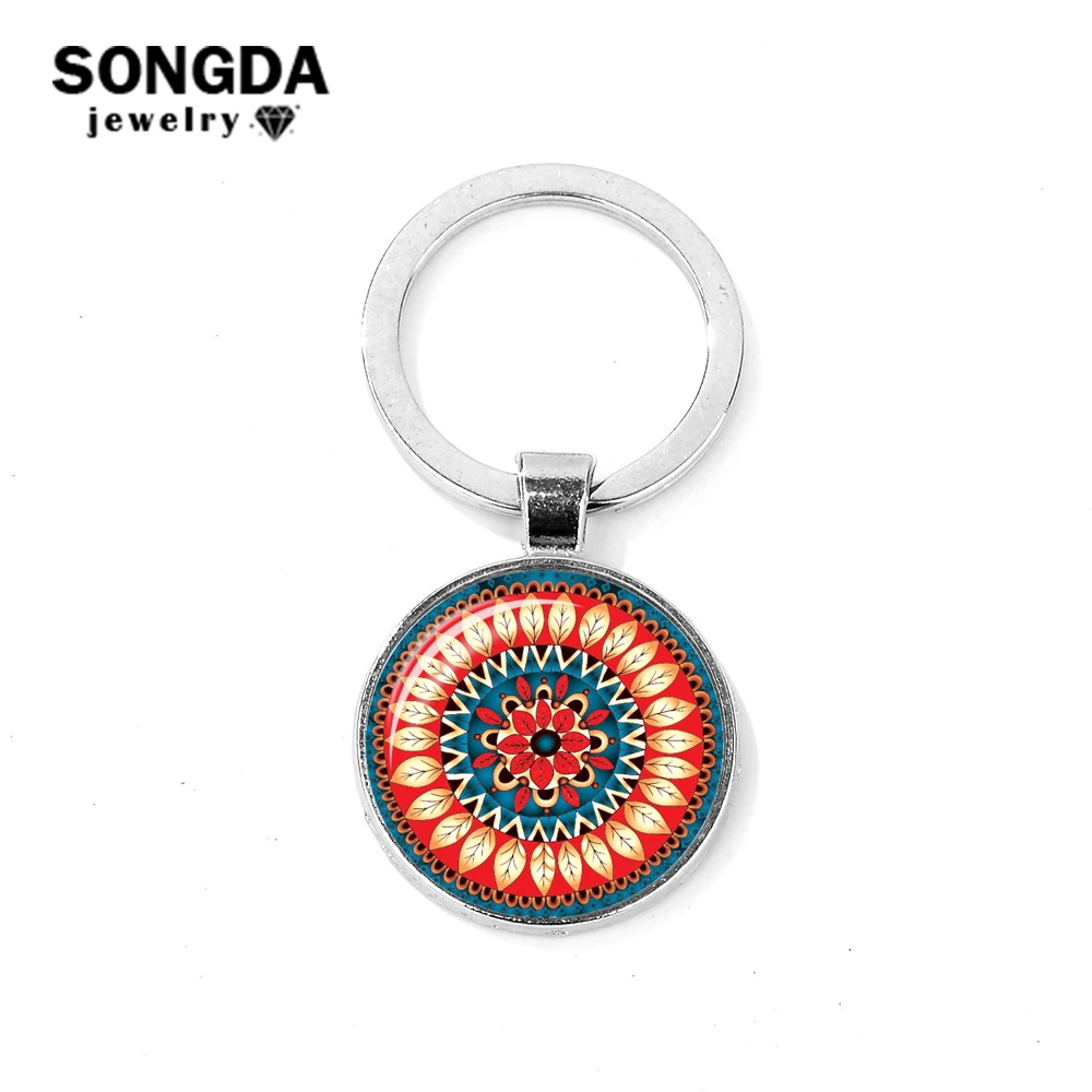 SONGDA Chic Indian Mandala Keychain Mysterious Flower of Life Round Glass Cabochon Dome Key Ring