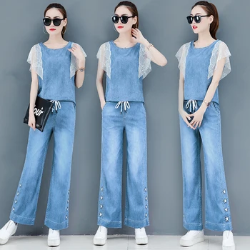 

Stylish Cowboy Stitching Two-piece Suits Women Sets Clothes Year-old Female Costume Conjunto Feminino Ensemble Femme Deux Pieces