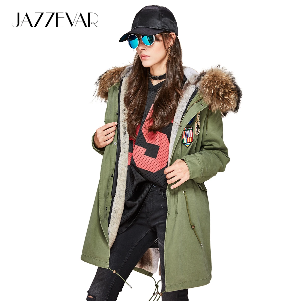 

JAZZEVAR 2019 New Fashion Winter Woman Large raccoon Fur Collar parka midi Hooded Coat Outwear beading Military Long Jacket