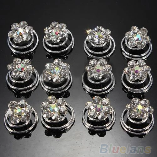 Hot 12pcs Crystal Wedding Bridal Hair Pins Twists Coils Flower Swirl 