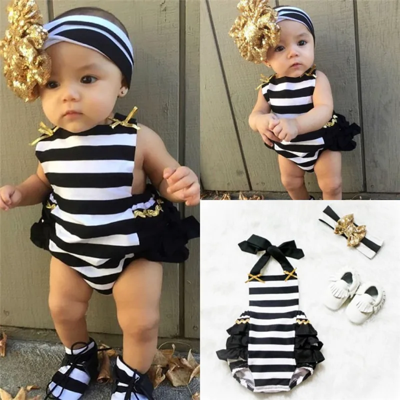 

Newest Infant Baby Girls Boys Clothes Striped Bodysuit+Headband Outfits Sunsuit 0-24M