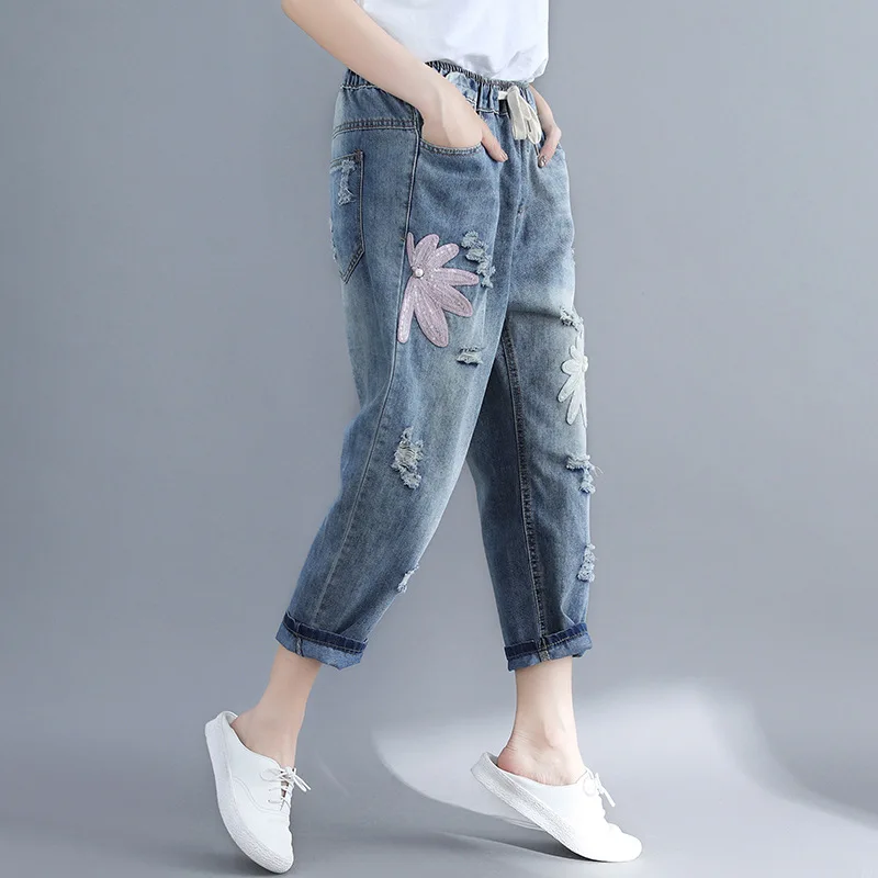 Плюс Sze, Стрейчевые джинсы с цветочной вышивкой и жемчугом, женские эластичные штаны с высокой талией, Ретро стиль, разорванный гарем, женские джинсовые шаровары