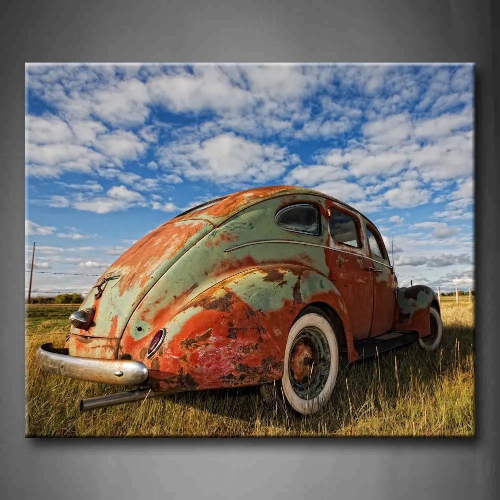 

Framed Wall Art Pictures Vintage Car Field Canvas Print Artwork Car Modern Posters With Wooden Frames For Living Room