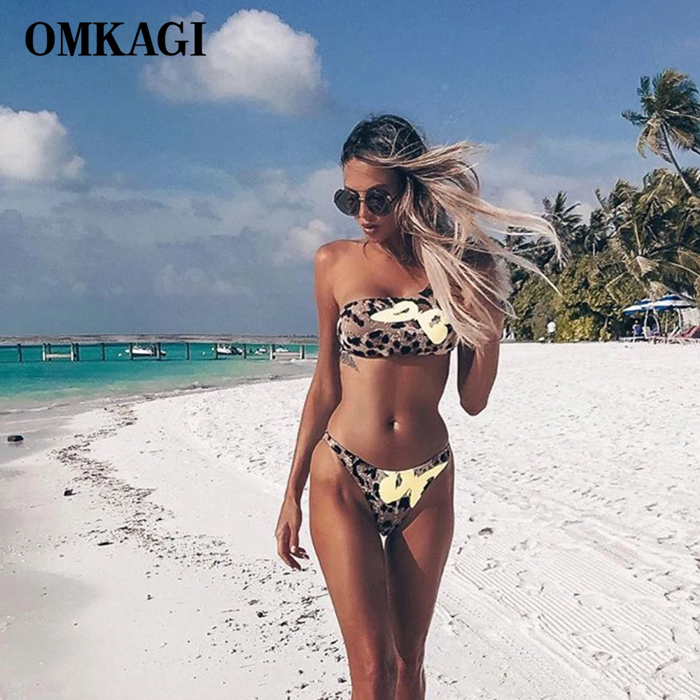 

OMKAGI Brand Leopard Bikini Push Up Sexy Print Swimsuit Swimwear Women Bathing Suit Beachwear One Shoulder Bikini 2019
