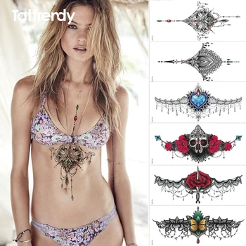 

6pcs/lot Sexy Under Breast Ornamental Tattoo Sticker Premium Sternum flower shoulder arm sleeve body paint death skull rose hot