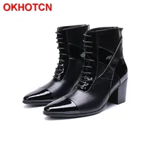 Дизайнерские мужские ботинки на высоком каблуке; Мужская обувь из коровьей кожи на шнуровке; модные мужские туфли на молнии сзади; ботильоны в байкерском стиле на высоком каблуке