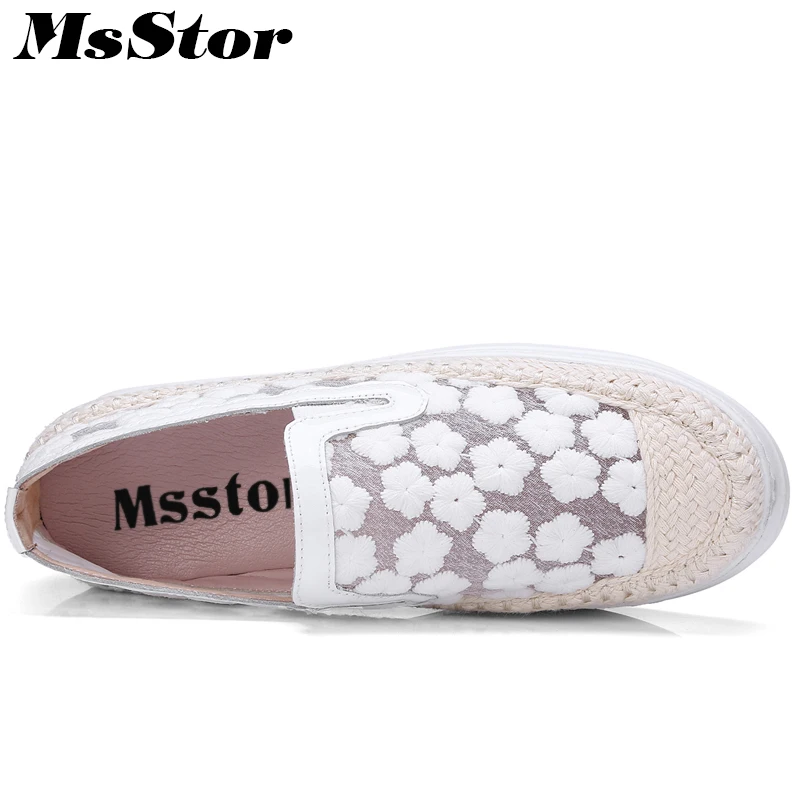 Glissement Mode Msstor Pour Plats blanc Rose Plates Respirant Rond 2018 Printemps Broder Bout Mesh Chaussures Nouveau Mocassins Femmes Blanc Sur Décontracté SqZXS