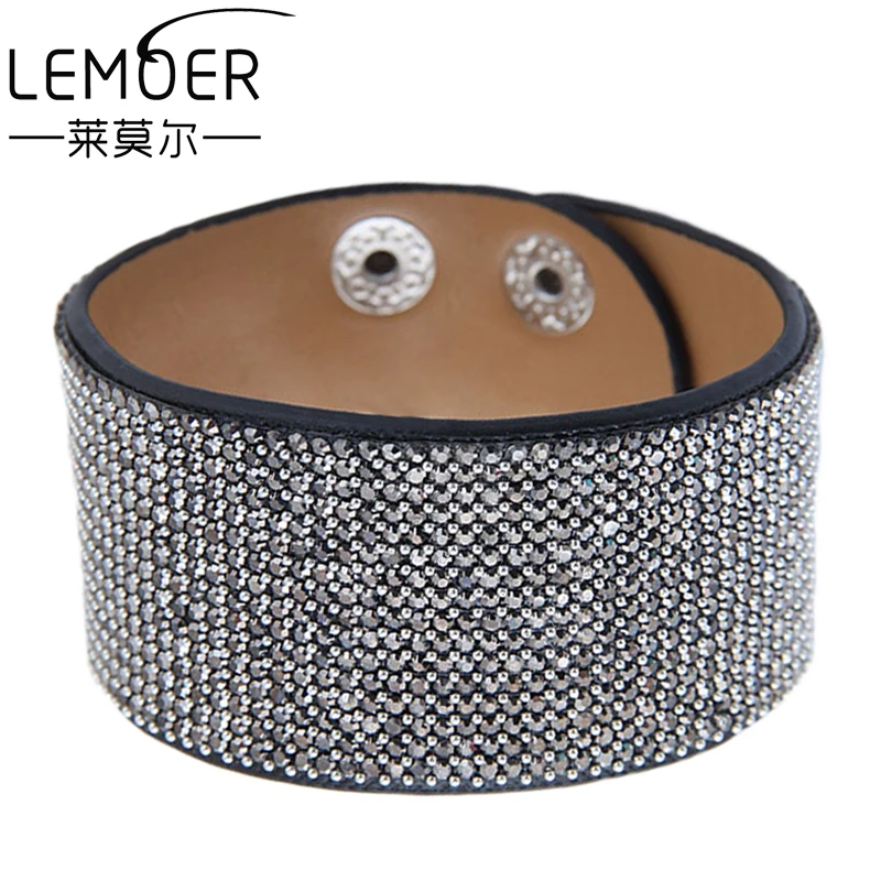 LEMOER 2019 Fashion Bohemian Handmade Full Rhinestone Gravel Stone Wide Leather Bracelets &amp Bangles Wristband Jewelry for Women |
