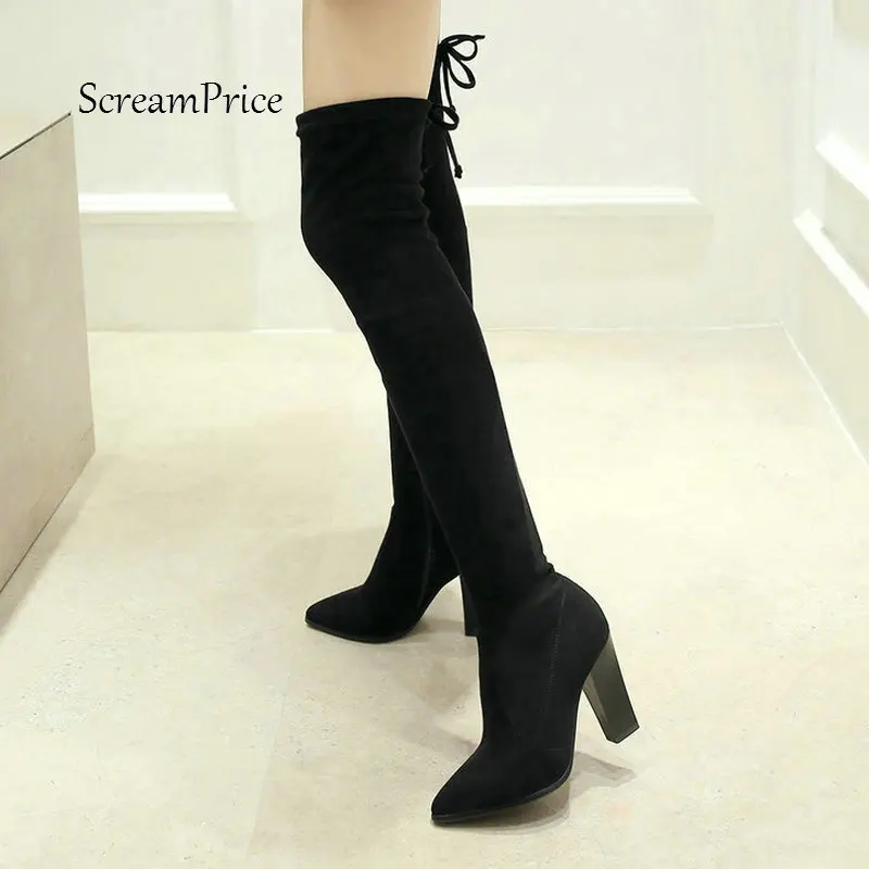 

Women Side Zipper Faux Suede Thick High Heel Over The Knee Boots Fashion Pointed Toe Thigh Elastic Boots Black