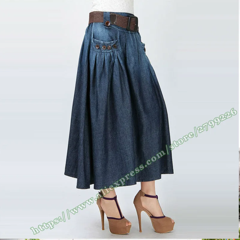 Летняя Весенняя модная винтажная Повседневная плиссированная женская джинсовая юбка миди/трапециевидная простая джинсовая женская юбка макси юбки с поясом