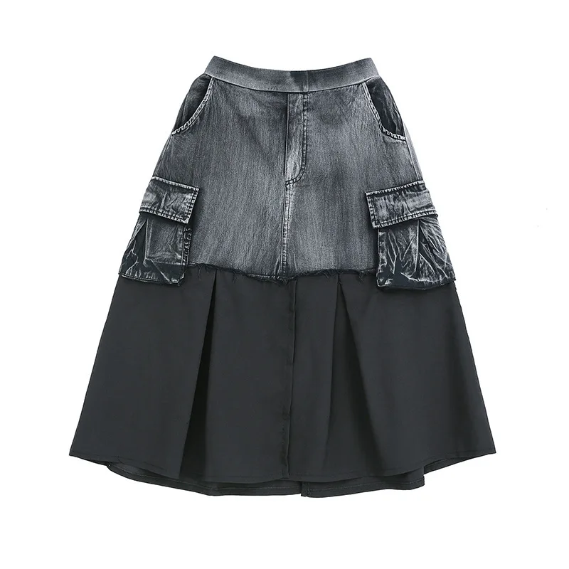 [EAM] Новинка Весна Лето Высокая талия черная джинсовая Сетка Сплит-соединение хит цвет стежка Свободная юбка женская мода JW052 - Цвет: black