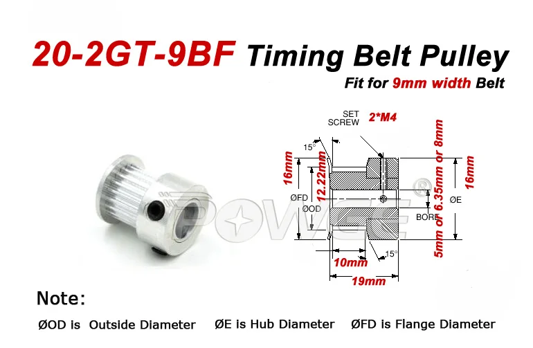 POWGE 20 Зубы GT2 зубчатый шкив Диаметр 5/6/6,35/8 мм подходят Ширина = 9 мм 2GT синхронного ремня 20 Зубы 20 T 2GT ременный шкив