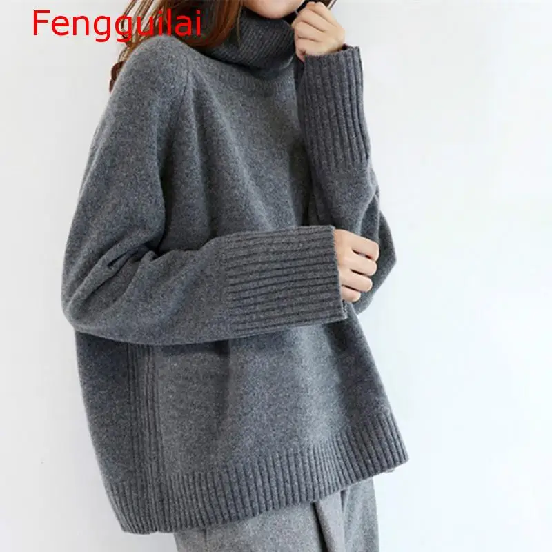 

Fengguilai 2020 Cashmere Blended Knitted Sweater Women Tops Turtleneck Autumn Winter Female Pullover Loose Casual Warm Sweater