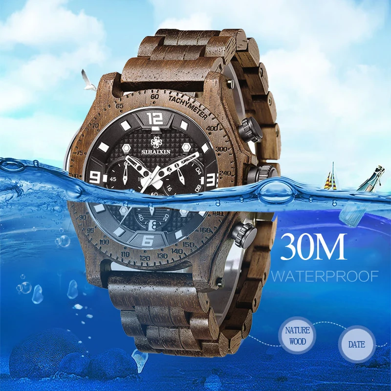 SIHAIXIN Newest Men's Walnut Wooden Watch Waterproof Sport Quartz Japan Movement Chronograph Military Wood Wrist Watches Clock