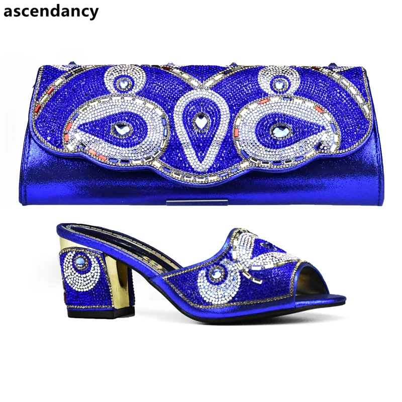 

Royal Blue Color Italian Shoes and Bags To Match Shoes with Bag Set Decorated with Rhinestone Nigerian Party Shoes and Bag Sets