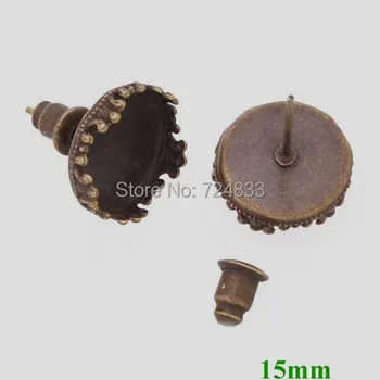 

15mm Antique Bronze tone Blank Bases Round Bezel Tray Pin Stud Earrings Post w/ Bullet Stopper Settings Findings Bulk Wholesale