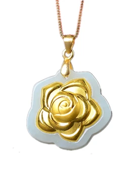 

New Thousands of Golden Inlaid Natural Hetian White Jade Rose Pendant Necklace Valentine's Day Gift with Certificate