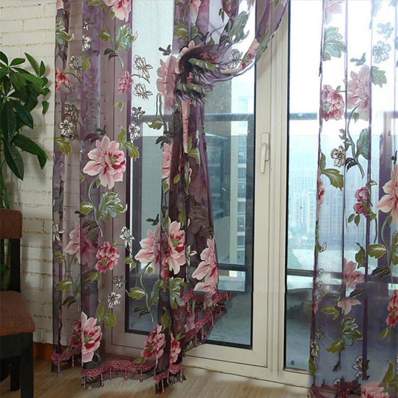

Romantic Tulle Curtains for Living Room Burnout Peony Floral Beaded Polyester Curtain Translucent Home French Window Decoration