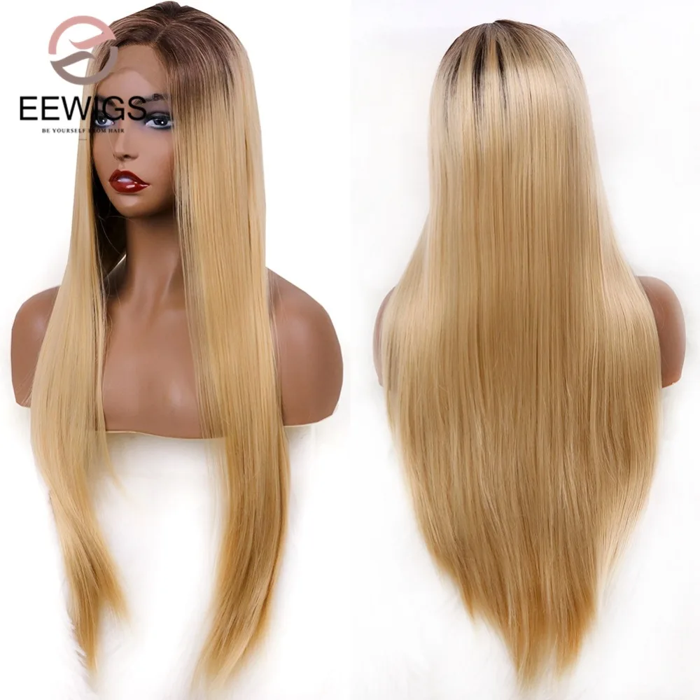 

EEWIGS Brown Roots 180 Density Ombre Blonde Wig Middle Part Straight Synthetic Lace Front Wig with Baby Hair For Women 26 inches
