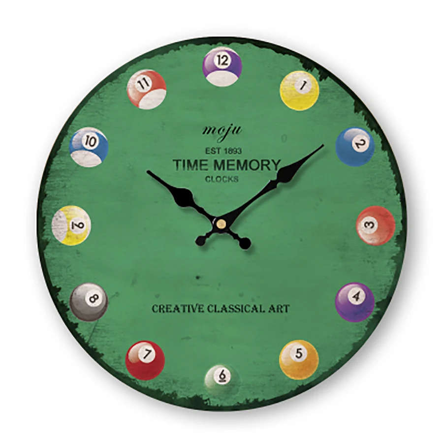 

Art Billiard Green Vintage Clock Creative Children Wood Digital Wooden Retro Wall Clock Modern Design Zegary Clocks Wall Watch