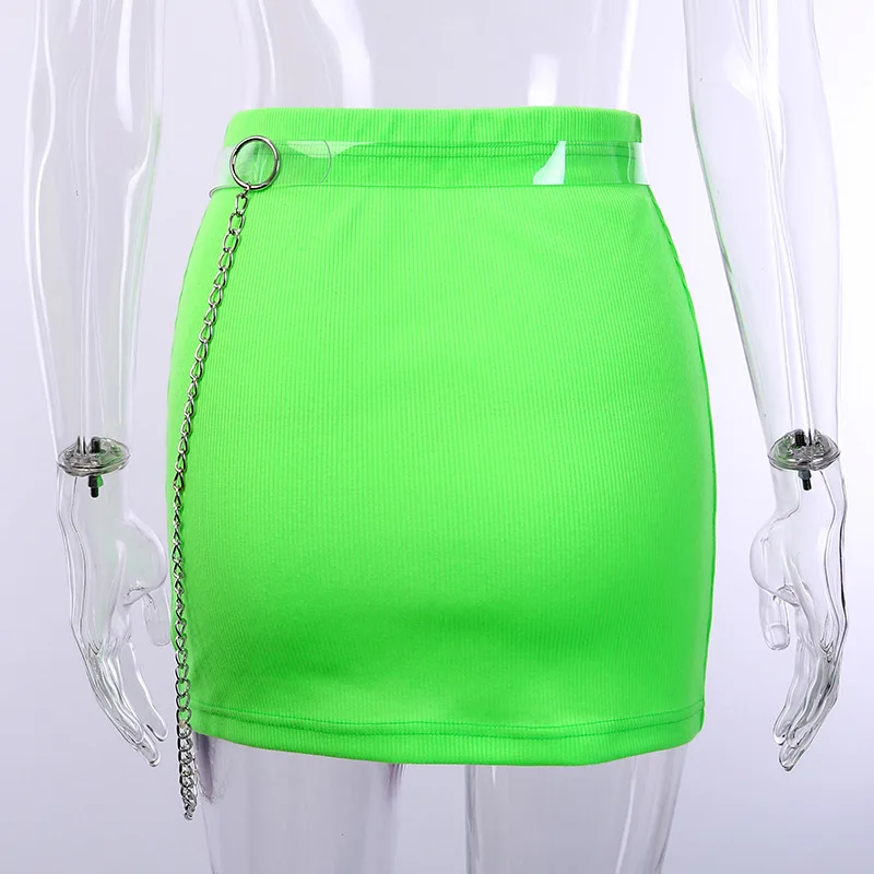 NCLAGEN пикантные неоновый зеленый желтый флуоресцентный цвет мини юбки для женщин Вязание поликлиновый ремень цепи Butt Bodycon Тонкий