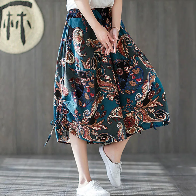 

2019 Summer Plus Size Wide Leg Pants Women Vintage Ethnic Print Cotton Linen Big Size Female Pants Elastic Waist Pantalones 5XL