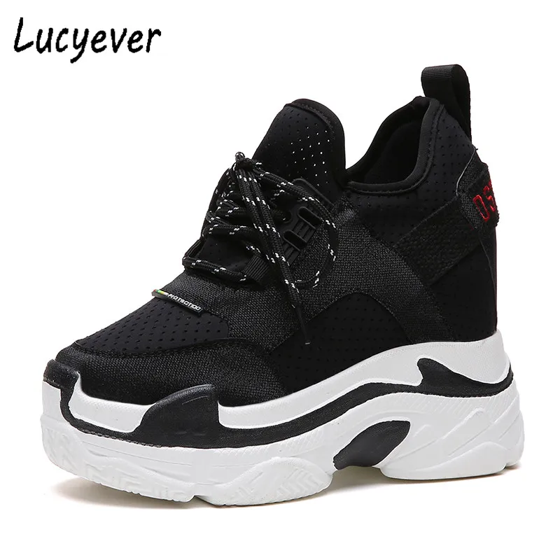 

Lucyever 2018 New Spring Autumn Women Ankle Boots Black White Casual Shoes Hidden Wedges Female Lace Up Platform Shoes Woman