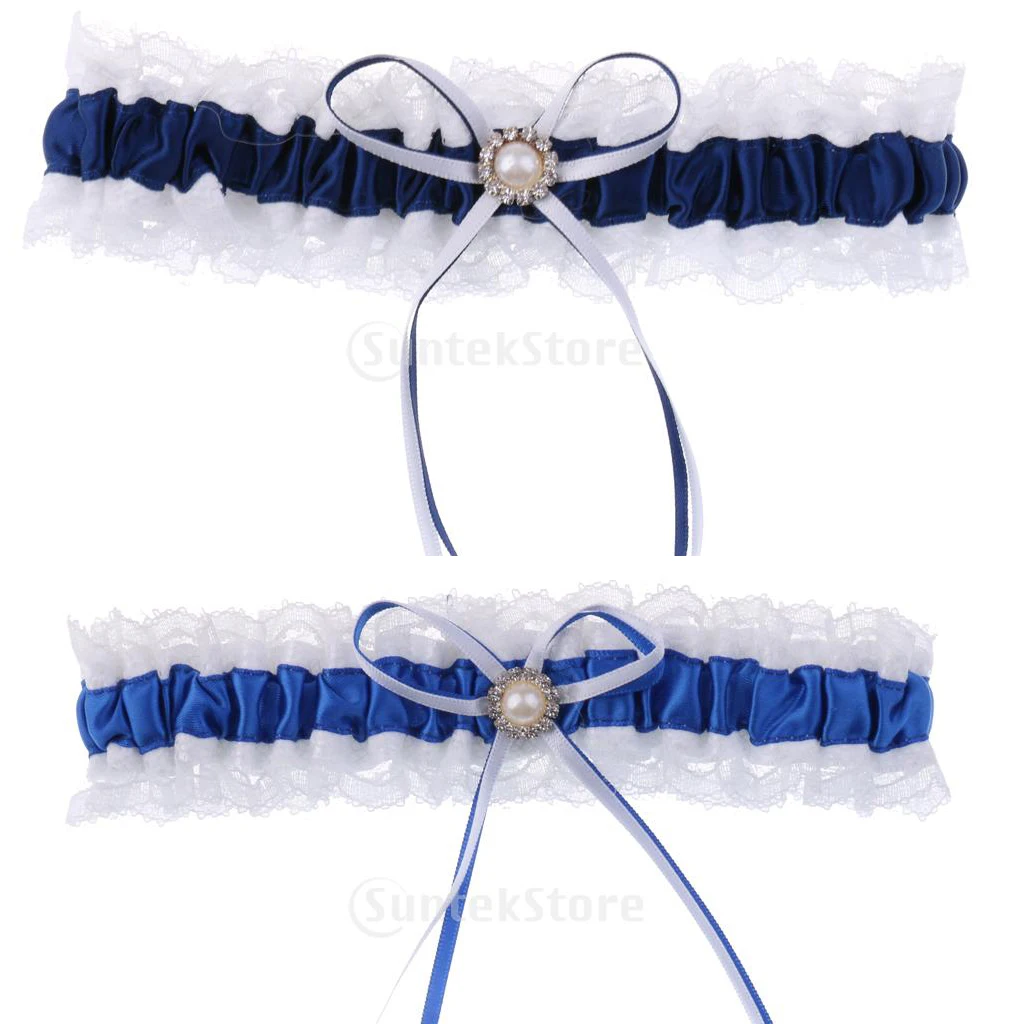 Elegant Bridal Garter Fashion Cute Women Crystal Charm Latest Bride's Wedding Sexy Garters Satin Lace Bow Knot Blue 