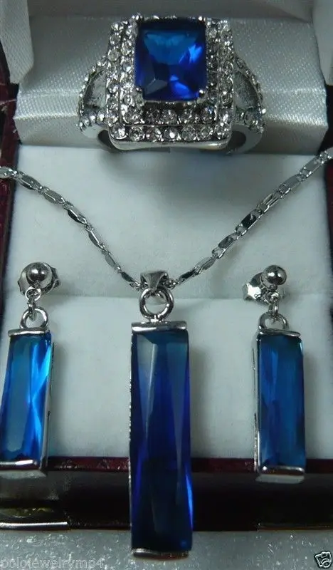 

hot sell new - Jewelry Blue Crystal Earrings Pendant Ring(#7.8.9) sets 18K gold plated watch wholesale Quartz stone CZ crystal