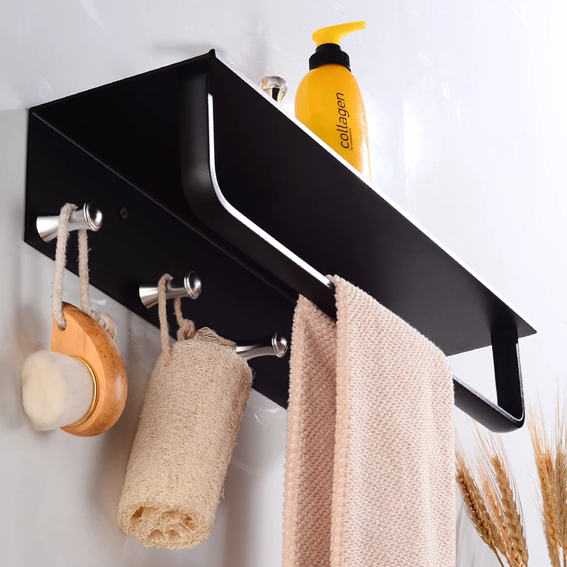 Bathroom Shelf Corner Aluminum Bathroom Shelves Shower Storage Rack with 5 Hooks Wall Mounted Single Towel Bar Holder Black