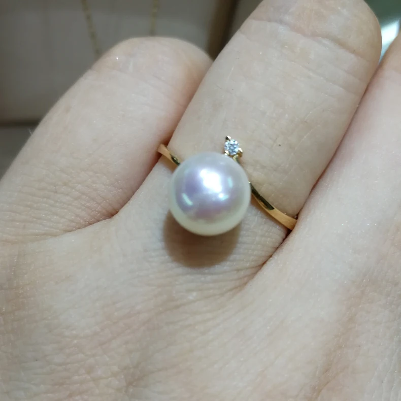 

MYDEAR 100% Real Pearl Jewelry Recently Adjustable Gold Ring Trendy Farmed 8-8.5mm White High Luster Akoya Pearl Ring For Lady