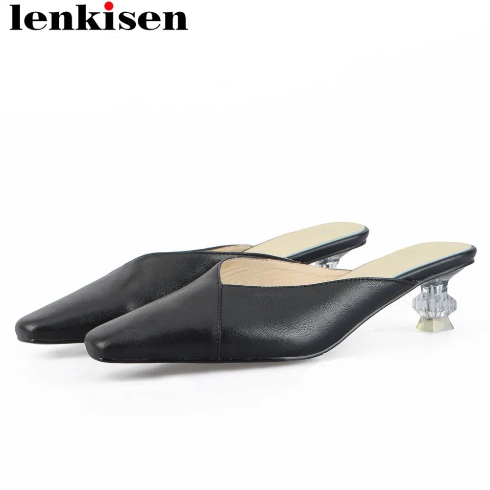

Lenkisen elegant full grain leather crystals med heels slip on vintage square toe mules fashion runway celebrity party shoes L22