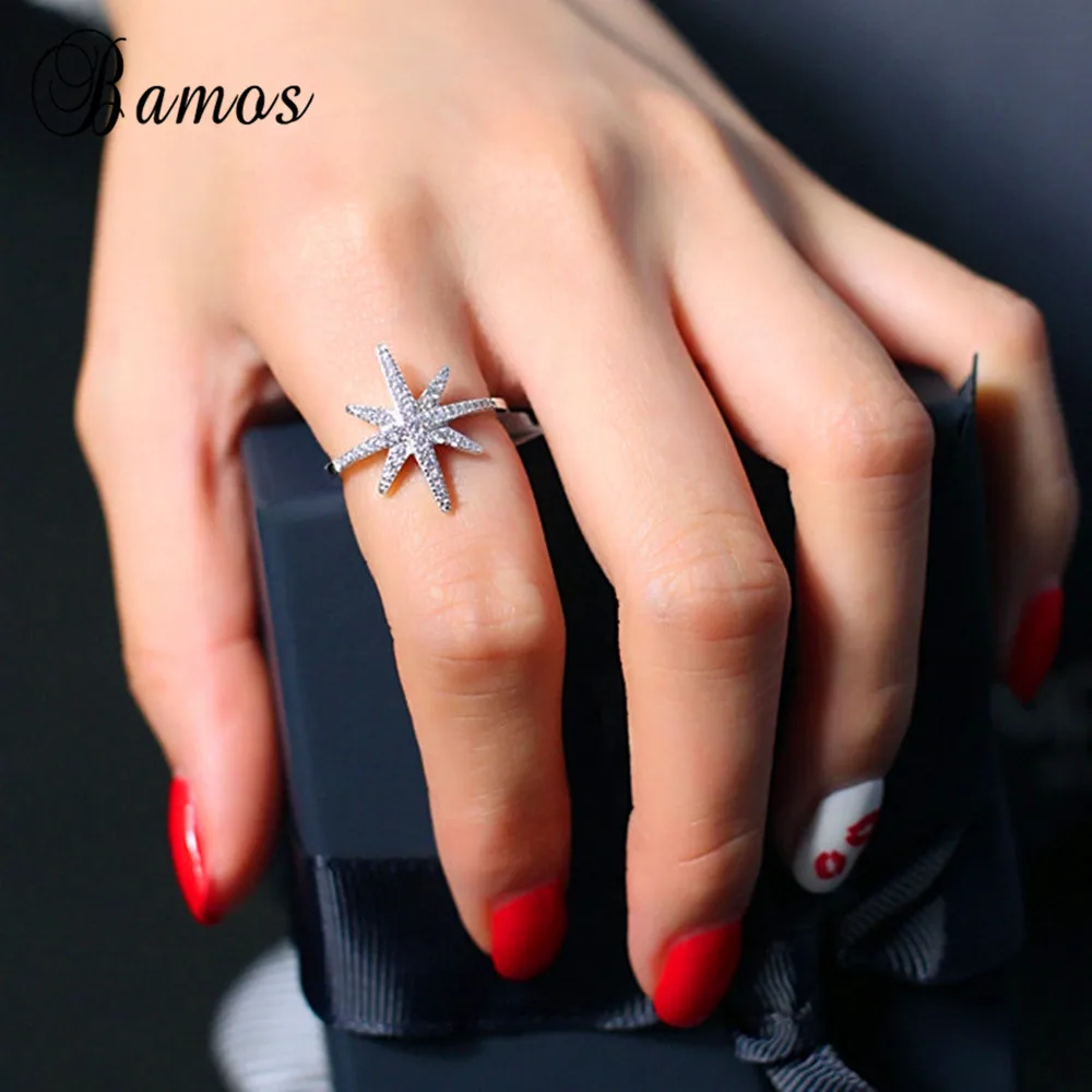 

Bamos Brand Unique Women White Zircon Ring 925 Silver Color Open Ring Fashion Finger Rings For Women Vintage Wedding Jewelry