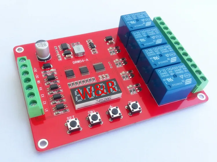 

DRM04/ four way multi function relay module / delay / self lock / cycle / timing / linkage / control module