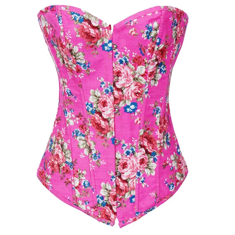 

Caudatus Sexy Red Waist Trainer Corsets and Bustiers Flower Print Lace Up Overbust Corset Top For Lingerie Fashion Korsett Pink