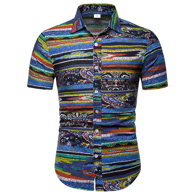 

Vintage Paisley Print Short Sleeve Shirt Men 2019 Fashion Colorful Striped Hawaiian Shirt Casual Holiday Party Clothing Camisa