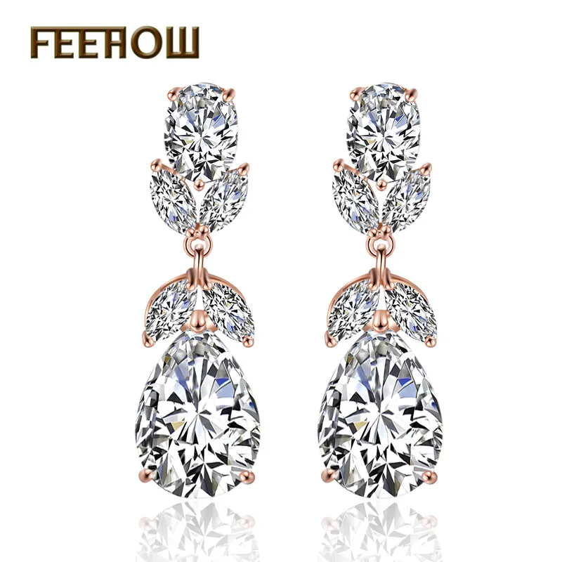 FEEHOW Новое поступление CZ циркониевые висячие серьги в форме листа Модные