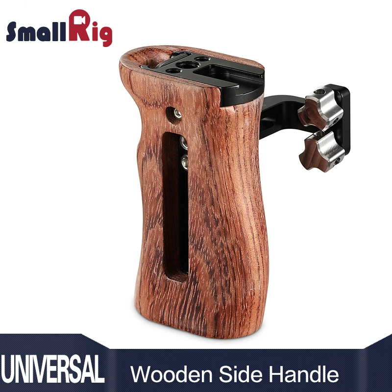  SmallRig Adjustable DSLR Wooden Camera Handle Universal Side Handle Grip W/ Cold Shoe Mount for Mic