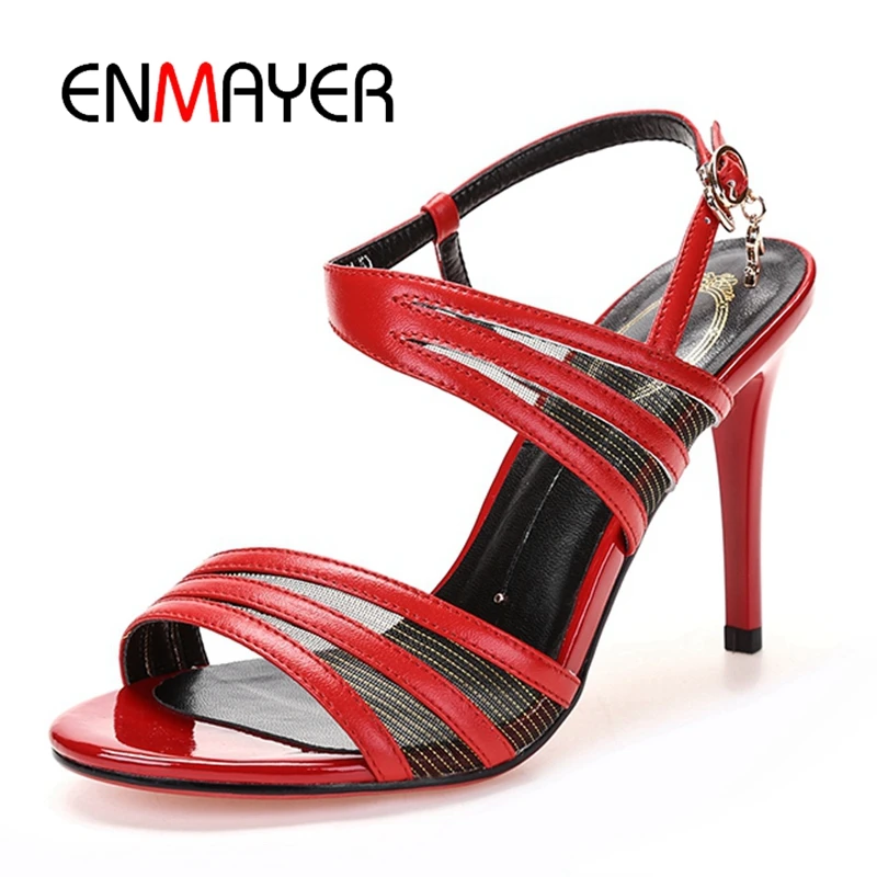 

ENMAYER Sexy Women Sandals Thin High Heels 9 CM Gladiator Ankle Straps Fashion Summer Black Red Party Female Shoes Leather CR225