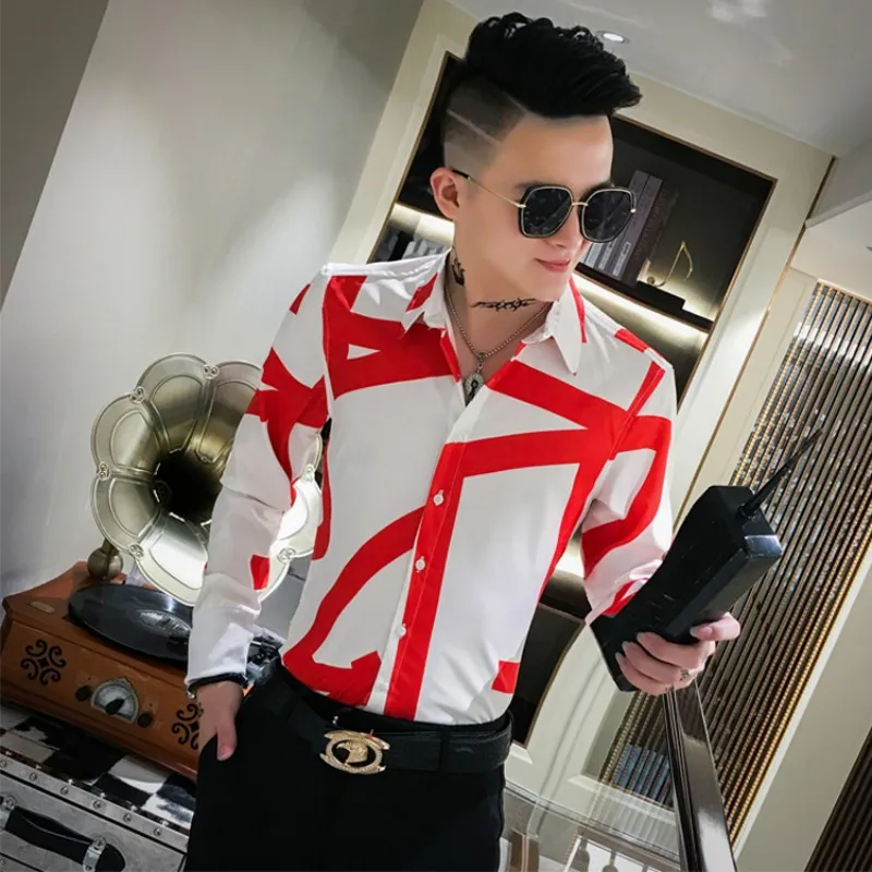 Hot Sale Tuxedo Shirt Men Autumn New Long Sleeve Mens Dress Shirts Streetwear Casual Slim Fit Printed Shirt Men Clothes 3XL