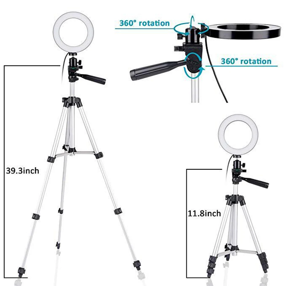 

USB LED Studio Camera Ring Light Photo For iPhone Android Bracket With Tripod Stand + Adjust Brightness Photography Selfie Light