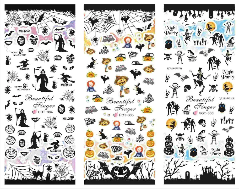 

3 Sheet/Lot Halloween Party Skull Ghost Pumpkin Scarecrow Water Transfer Decal Manicure Nail Art Sticker DIY Nail HOT304-306