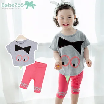 

2PCs per Set New Grey Peach Little Girls Summer Outfit Cute Owl Bowknot Print Pattern Shorts and Tshirt Free Shipping